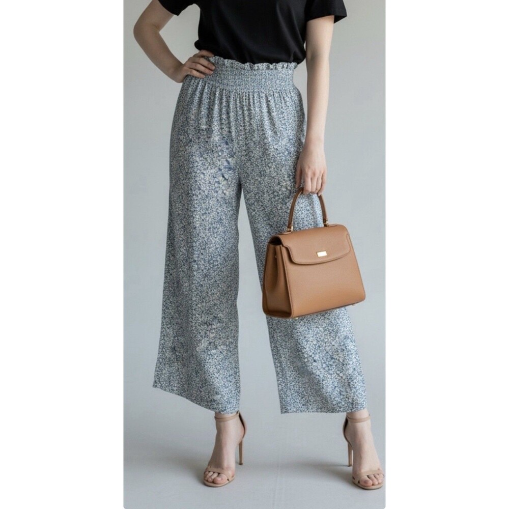 Women’s Blue White Floral Wide-Leg Pants M High Rise Elastic Waist Cotton . New